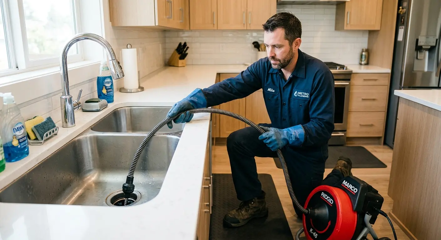 Drain cleaning technician using a motorized snake on a kitchen sink in Encinitas