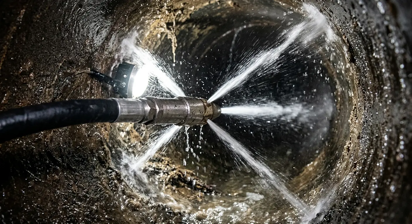 High-pressure hydro jetting nozzle cleaning sewer pipe for Storm Drain Cleaning in Encinitas