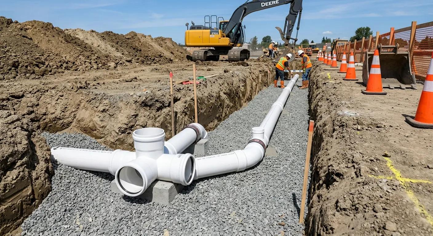 New PVC sewer pipe installation in open trench for Sewer Backup in Encinitas