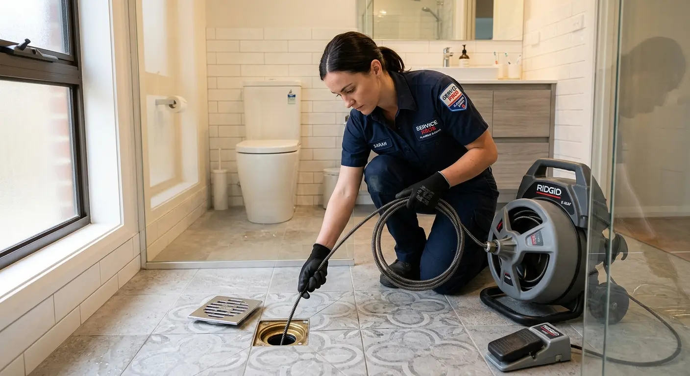 Technician clearing a bathroom floor drain for Drain Cleaning in Encinitas